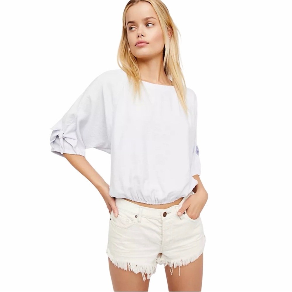 Free People White Cropped Knot-Sleeve Top